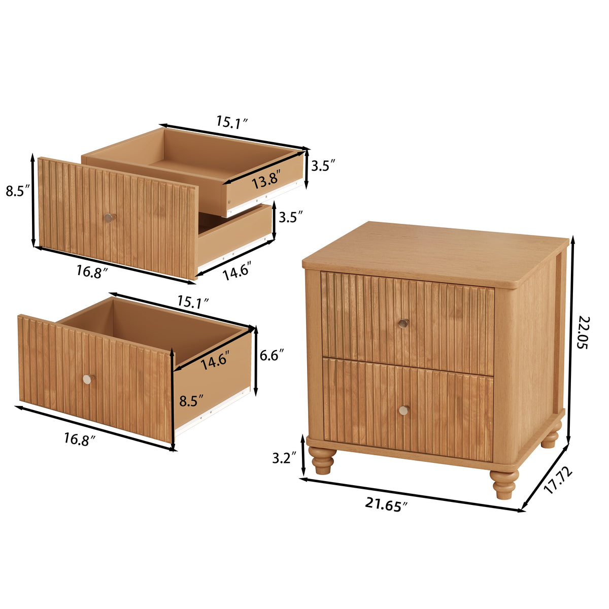 Fluted Nightstand with 3 Drawers