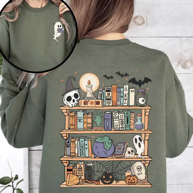 "Reading Ghost" Halloween Sweatshirt - Front & Back Teacher Boo Tee