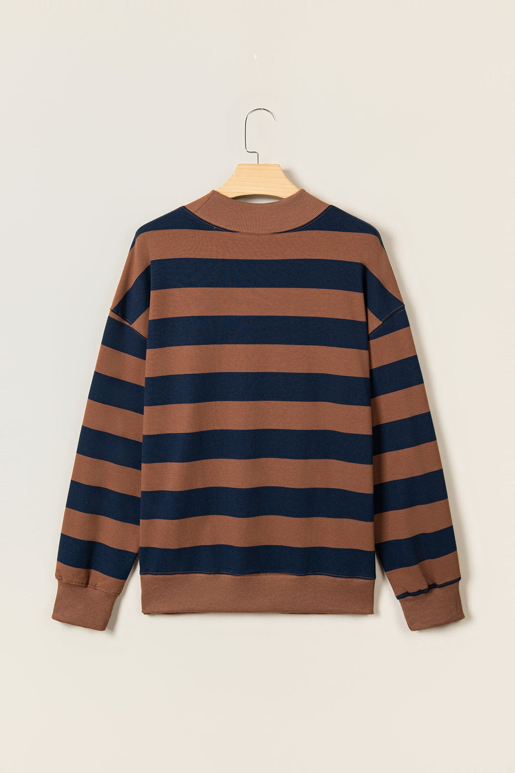Brown Stripe Colorblock Mock Neck Relaxed Sweatshirt
