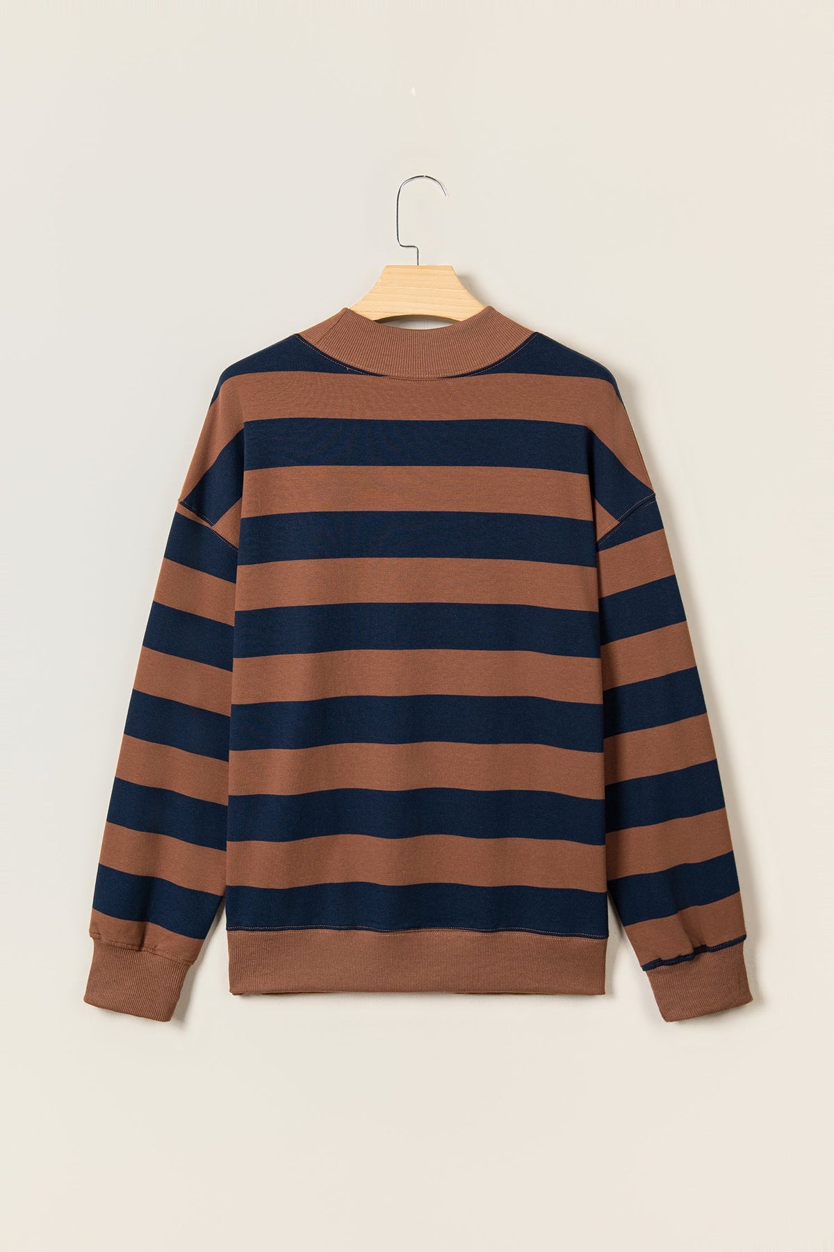 Brown Stripe Colorblock Mock Neck Relaxed Sweatshirt