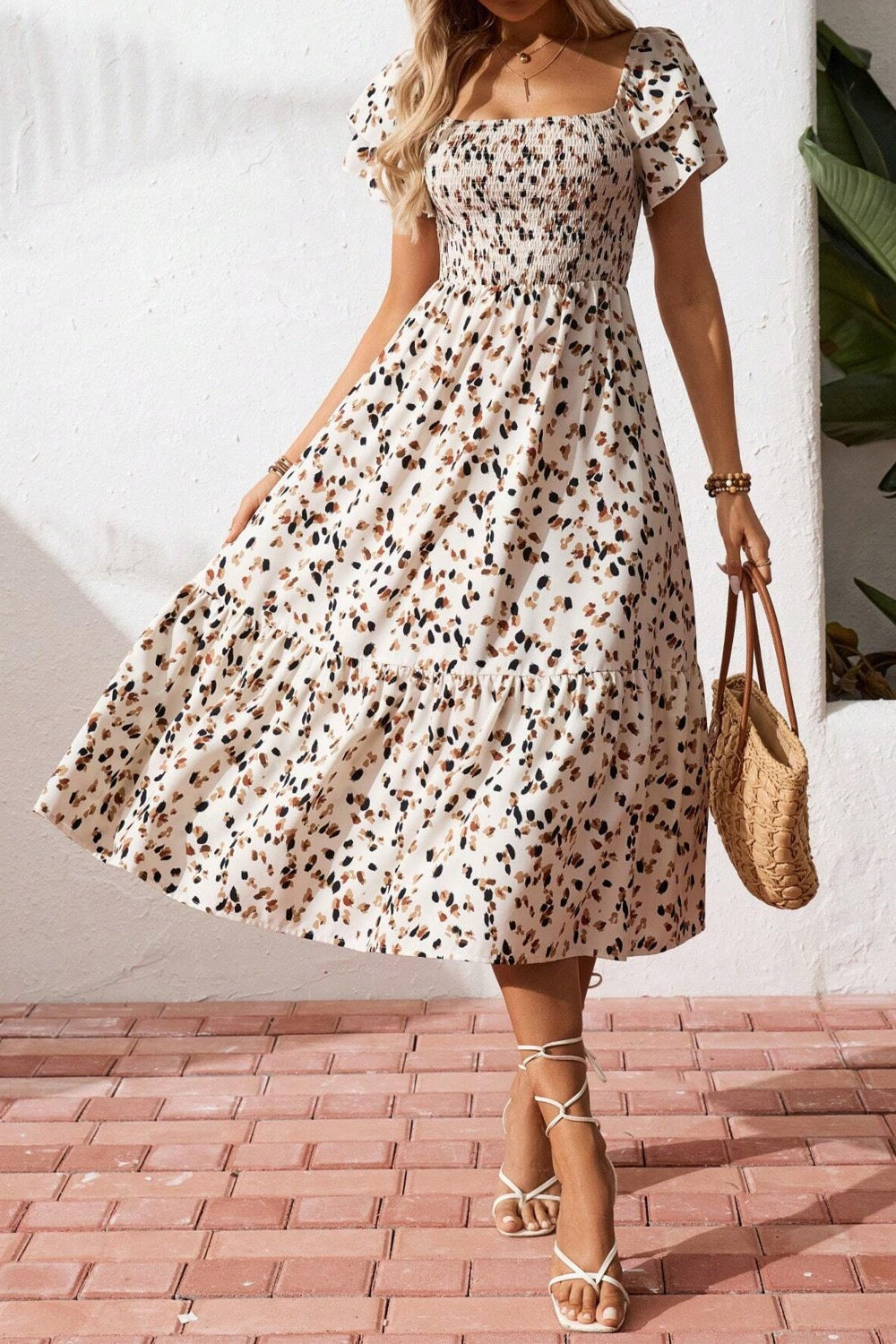 Square Neck Ruffle Sleeve Midi Dress