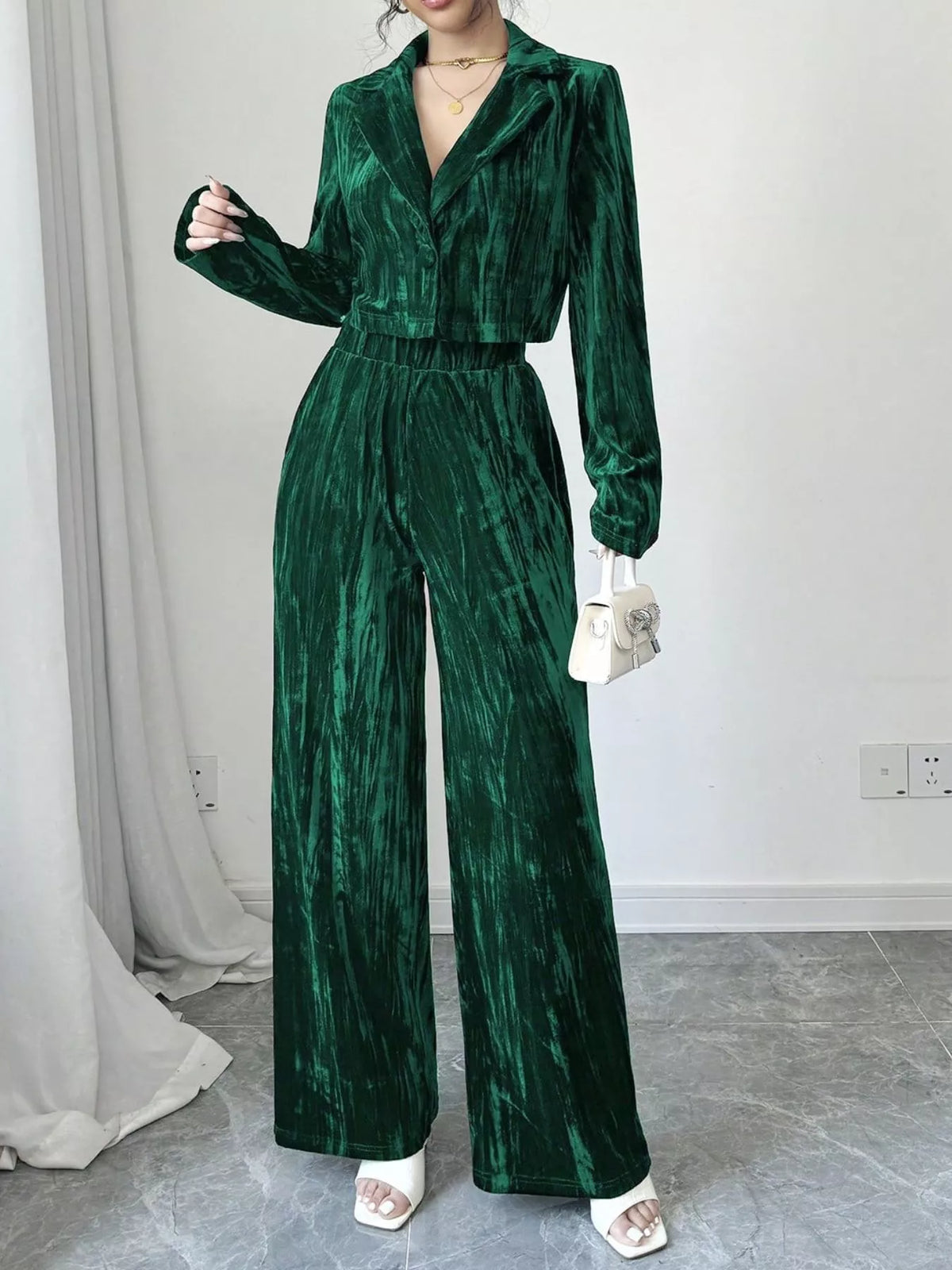 Pleated Velvet Blazer & Wide Leg Pants Set
