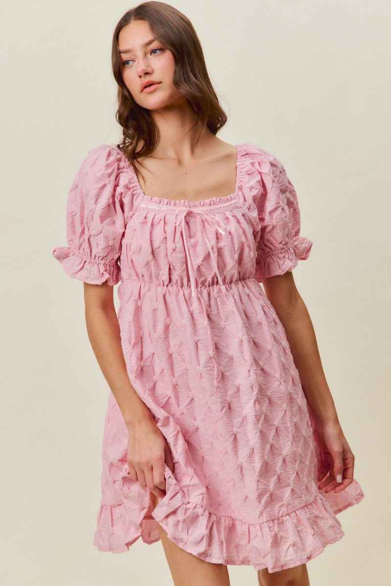 Pink Texture Woven Ruching On Bust Mini Dress by So Me