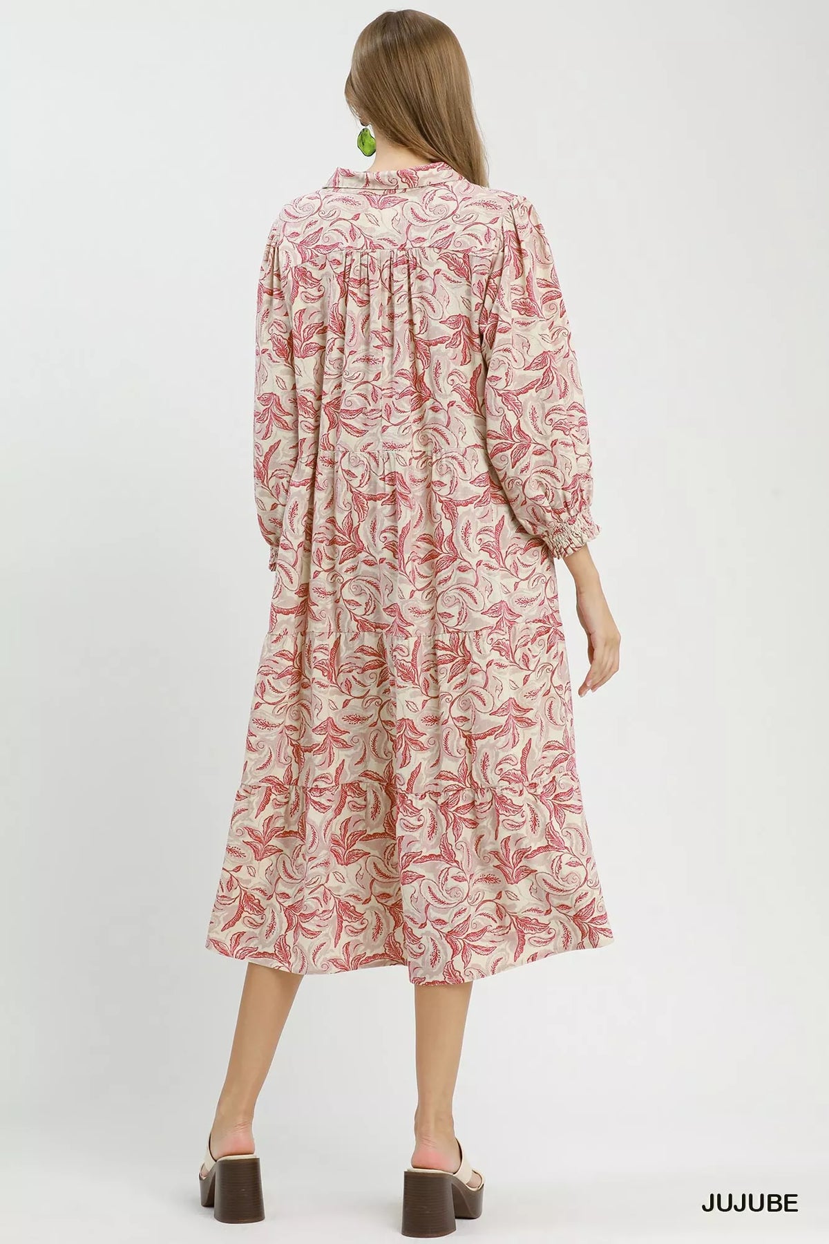 Umgee Linen Botanical Print Tiered Midi Dress