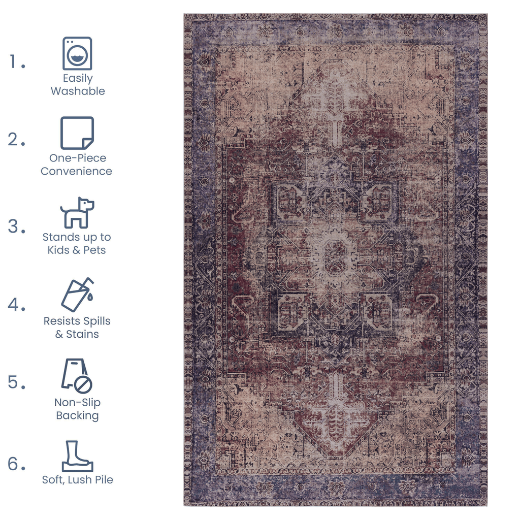 MAVAL Burgundy Washable Rug 5x8 Area Rug