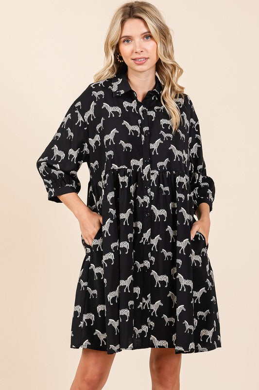 Zebra Print Button Down Shirt Mini Dress – Bold and Fashion-Forward Zebra Print Dress with Casual Button-Down Design