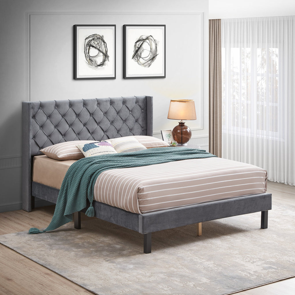 Velvet Button Tufted Upholstered Bed