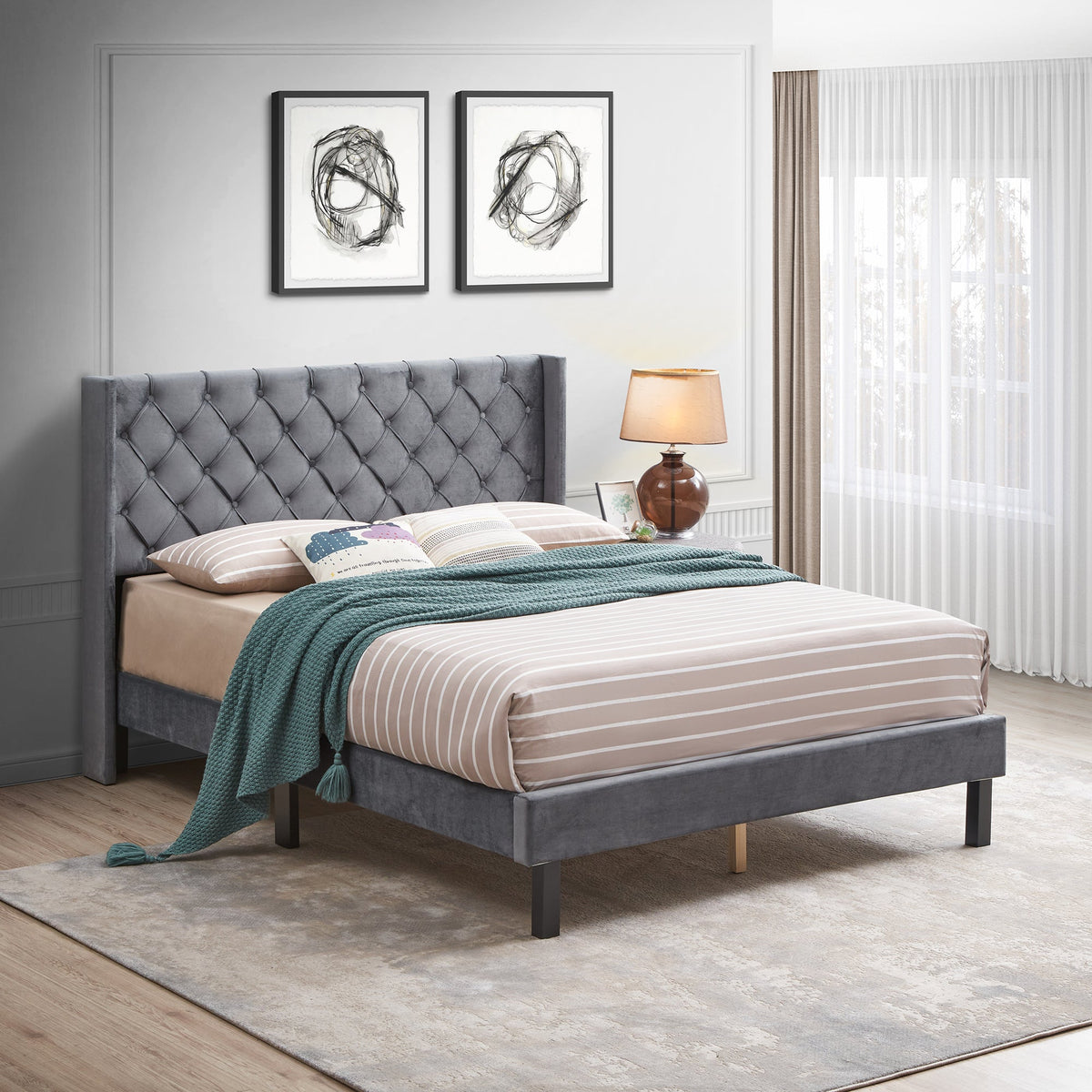 Velvet Button Tufted Upholstered Bed