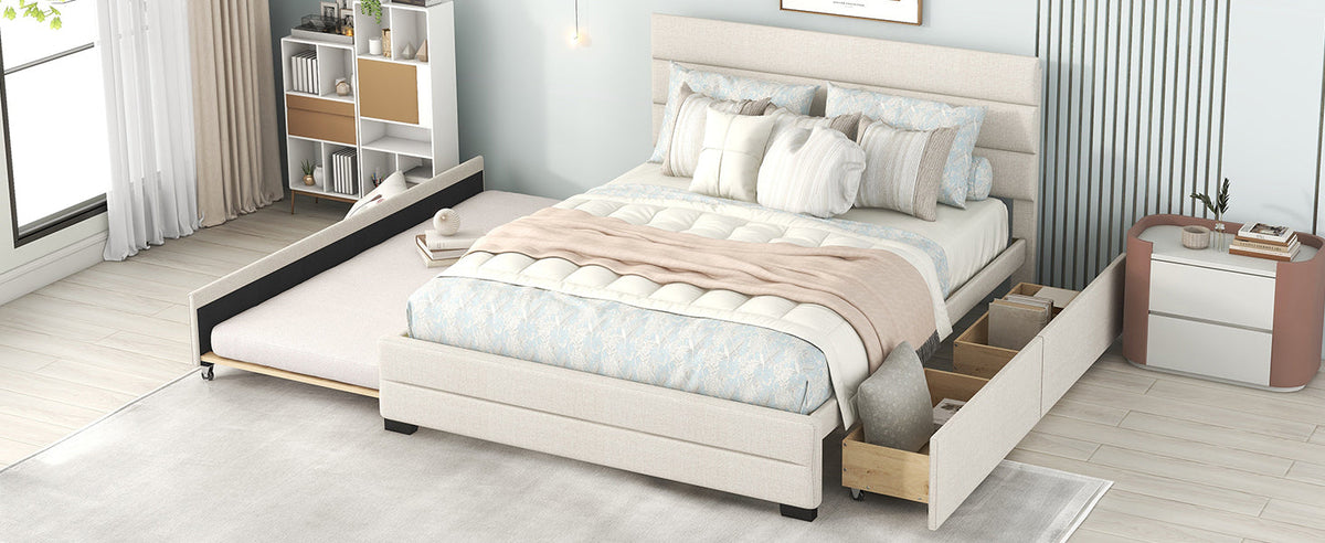 Queen Upholstered Platform Bed with Twin Size Trundle and Two Drawers