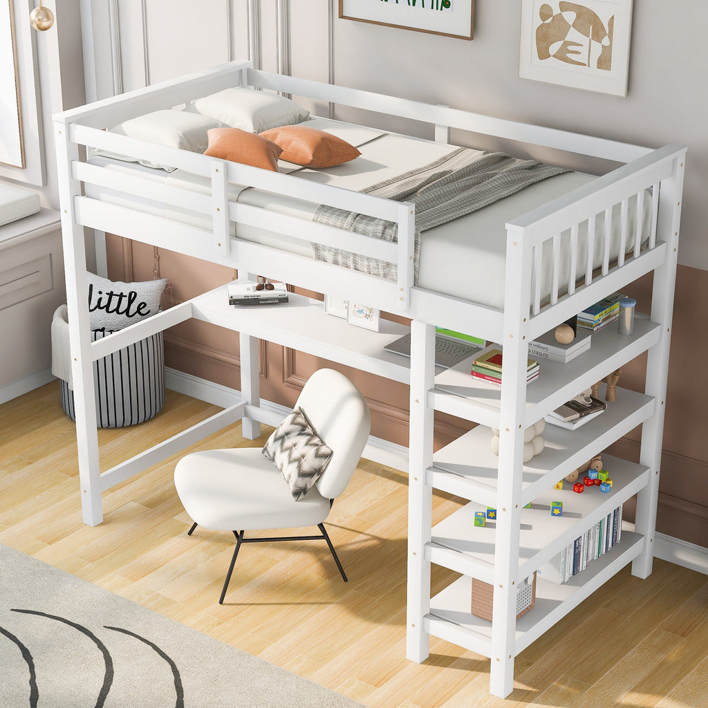 Twin Size Loft Bed with Storage Shelves and Under-bed Desk