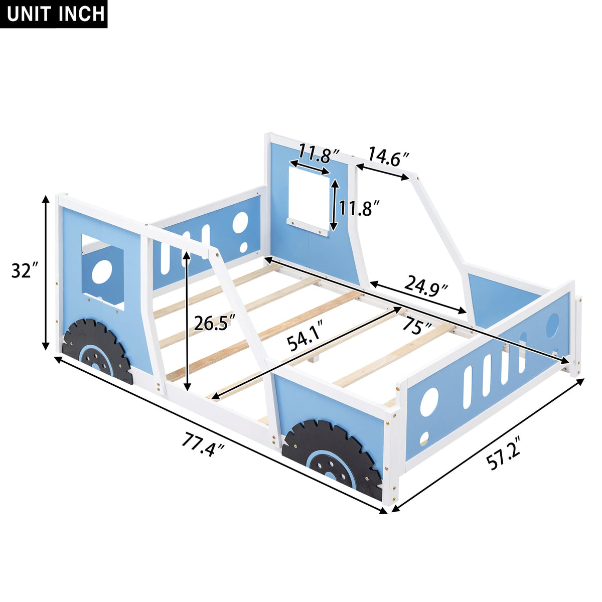 Full Size Classic Car-Shaped Platform Bed with Wheels