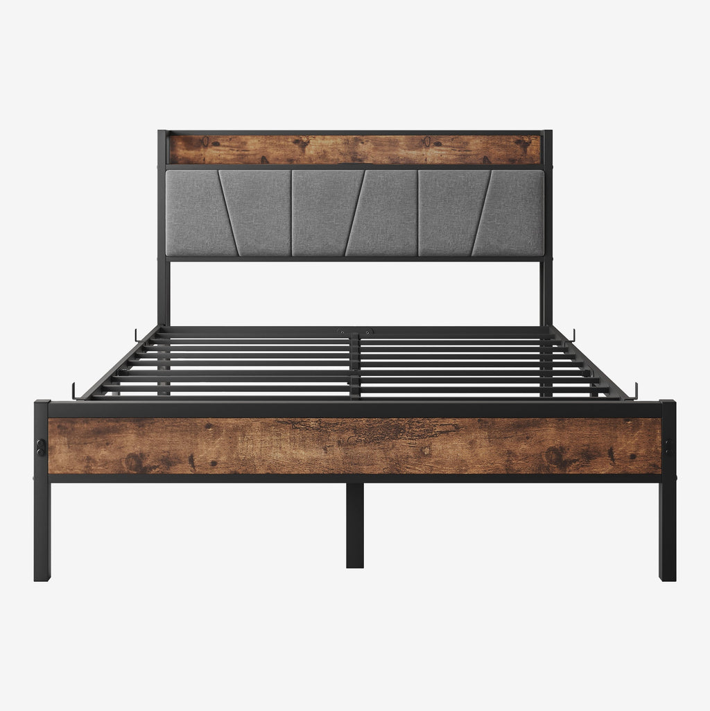 Full Size Bed Frame with Storage Headboard and Charging Station