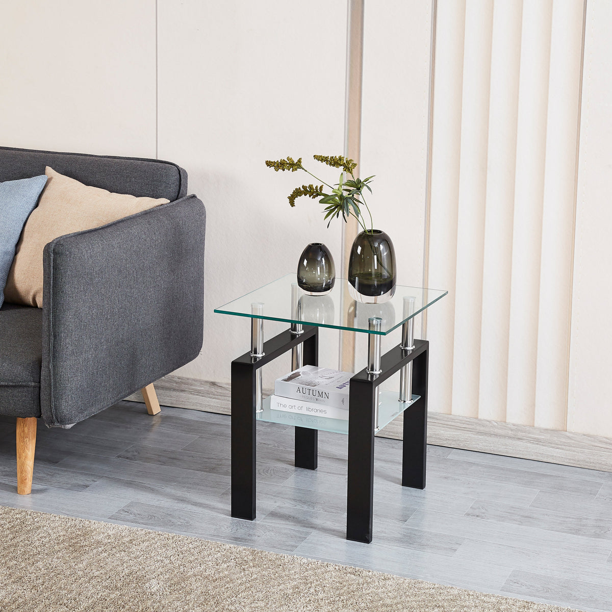 Tempered Transparent Glass End Table with Storage