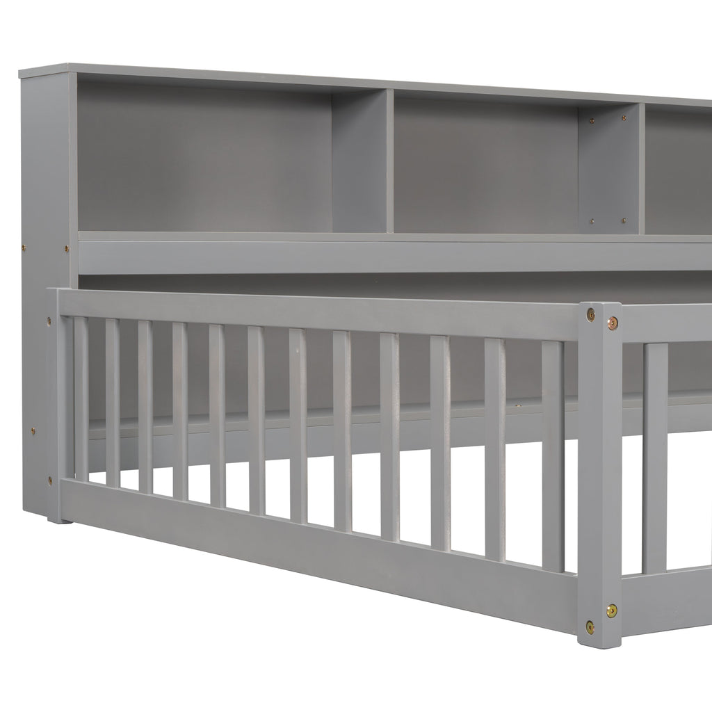 Full Floor Bed With Side Bookcase, Shelves & Guardrails