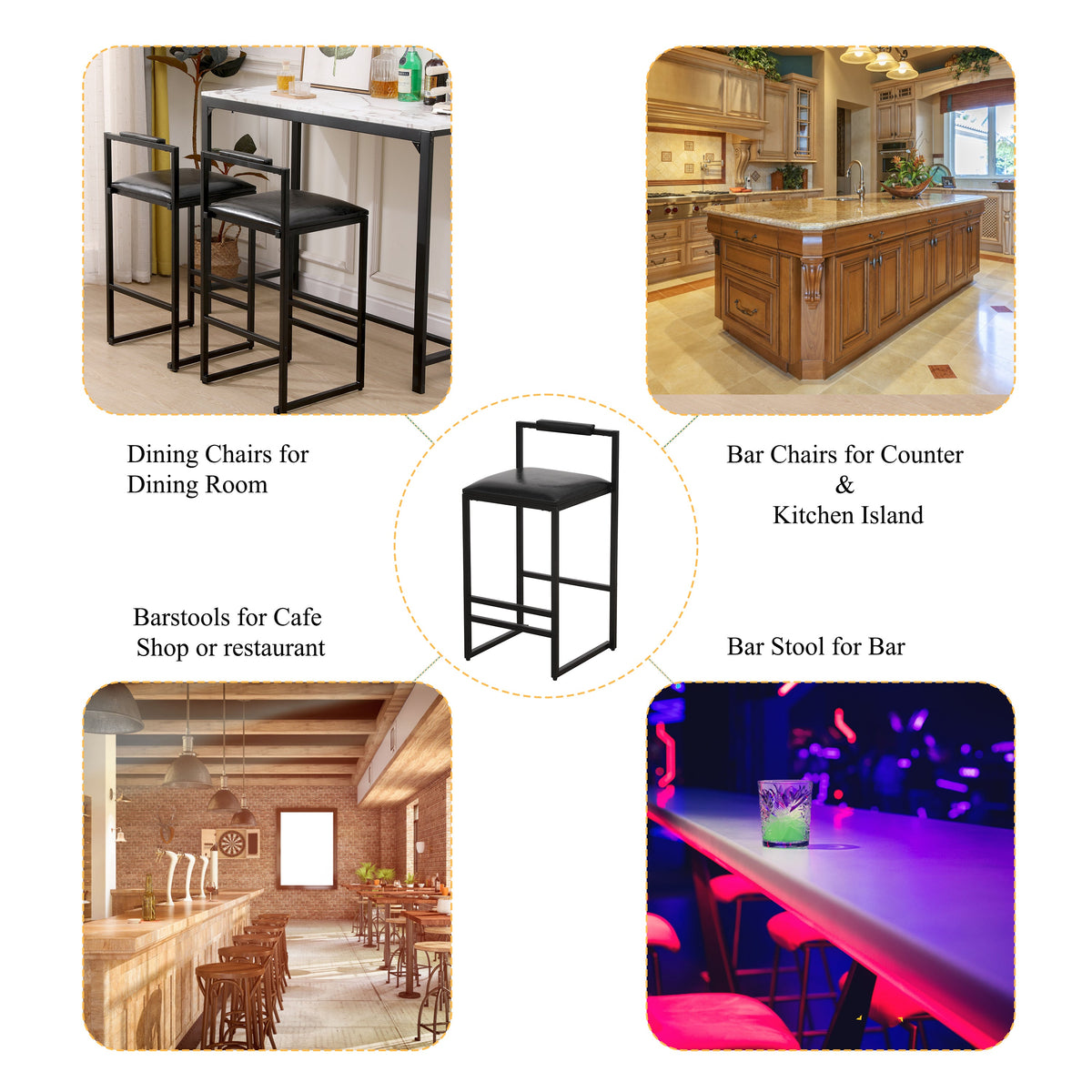 Black Bar Stool with Backrest Set of 2