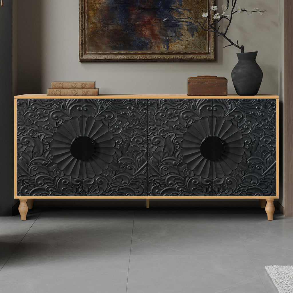 Black Carved Symmetrical Design TV Stand