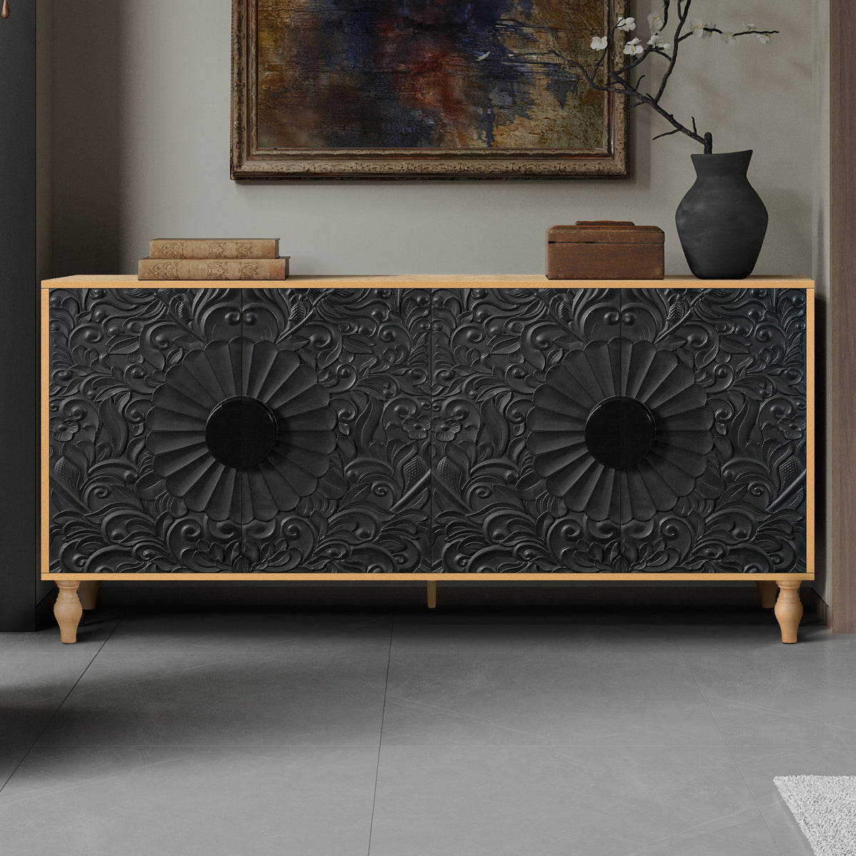 Black Carved Symmetrical Design TV Stand
