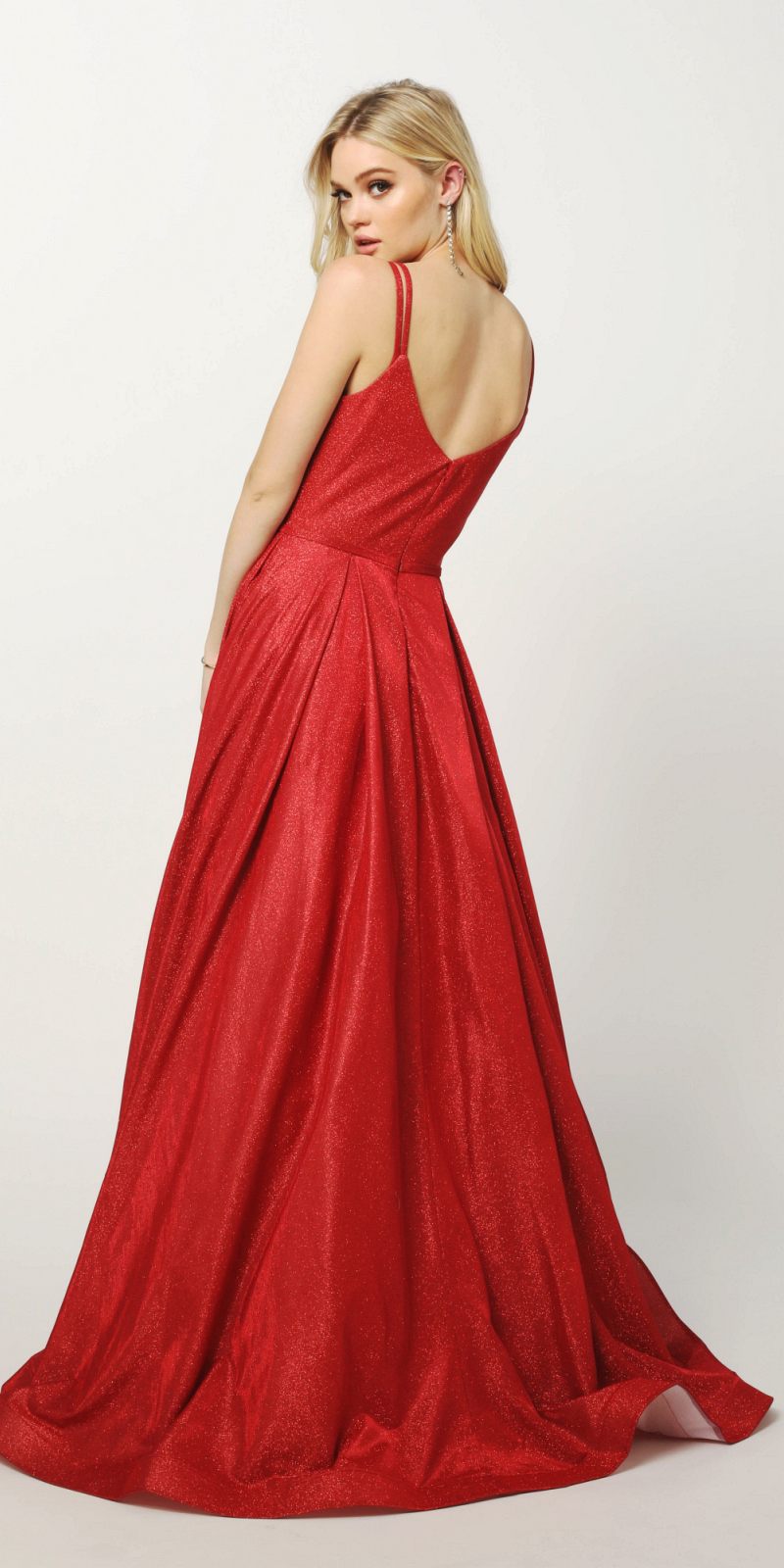 Juliet 206 Long A-Line Glitter Gown Side Pockets