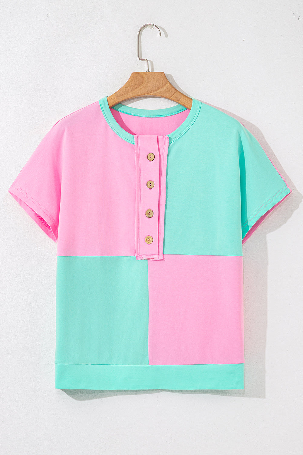 Colorblock Checker Half Button Henley T-Shirt