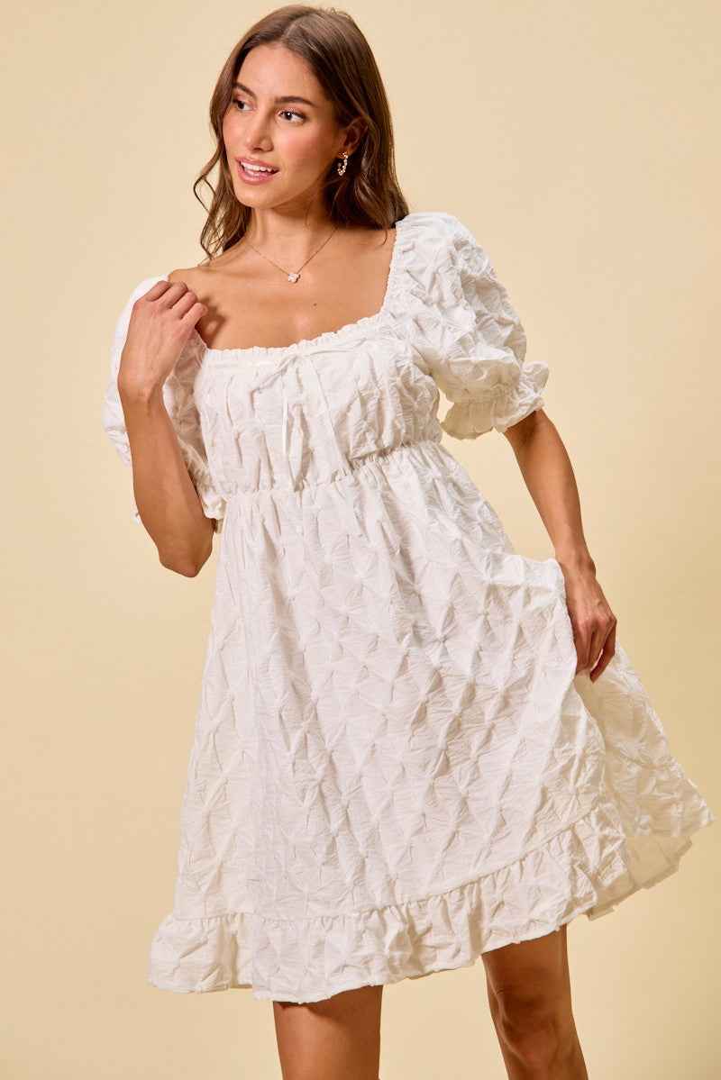 Ivory Texture Woven Ruching On Bust Mini Dress by So Me