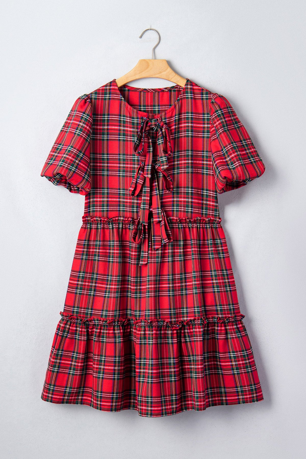 Plaid Bow Tie Neck Short Sleeve Ruffle Mini Dress