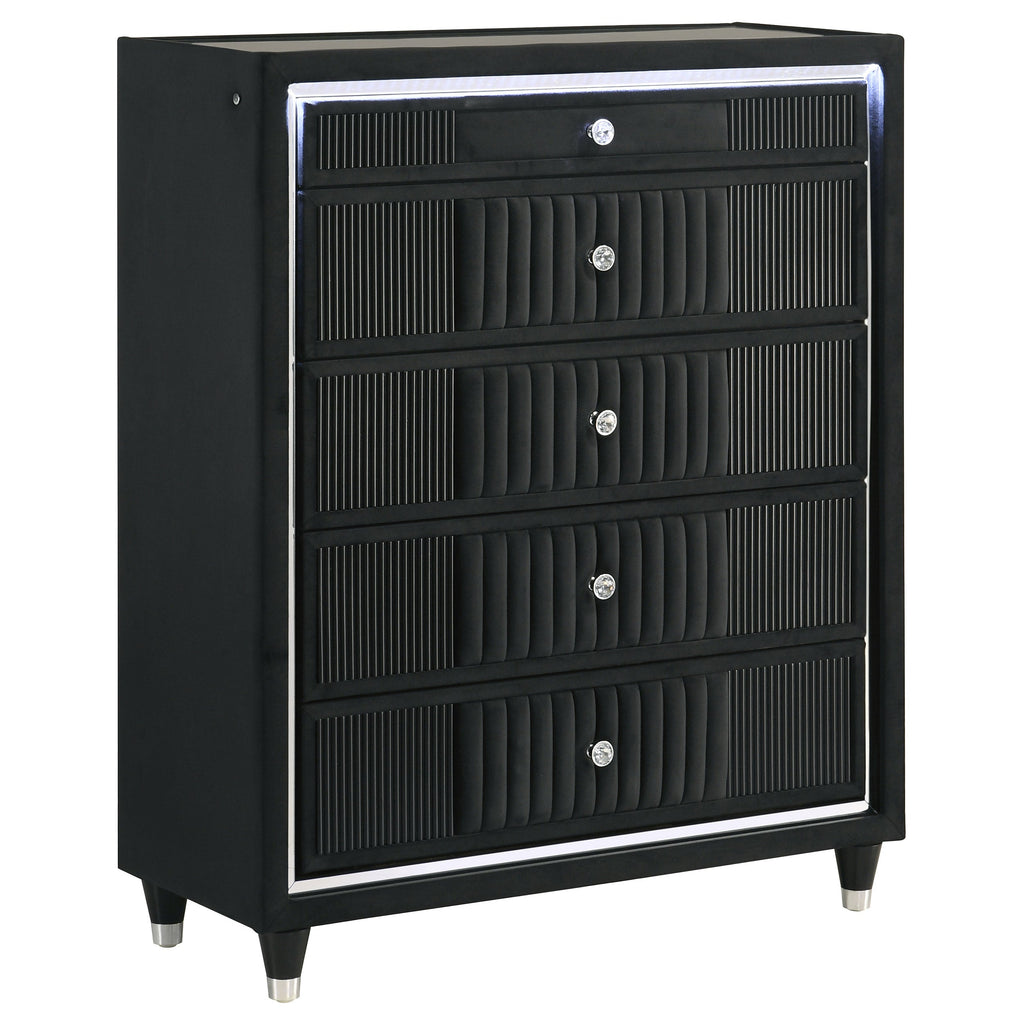 Ravenne 5-drawer Velvet Upholstered LED Chest of Drawers Black