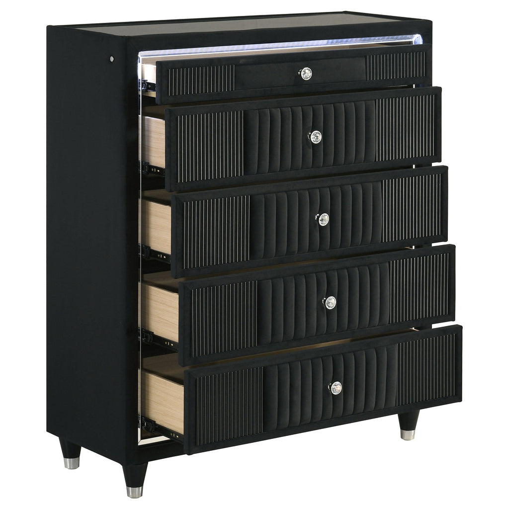Ravenne 5-drawer Velvet Upholstered LED Chest of Drawers Black