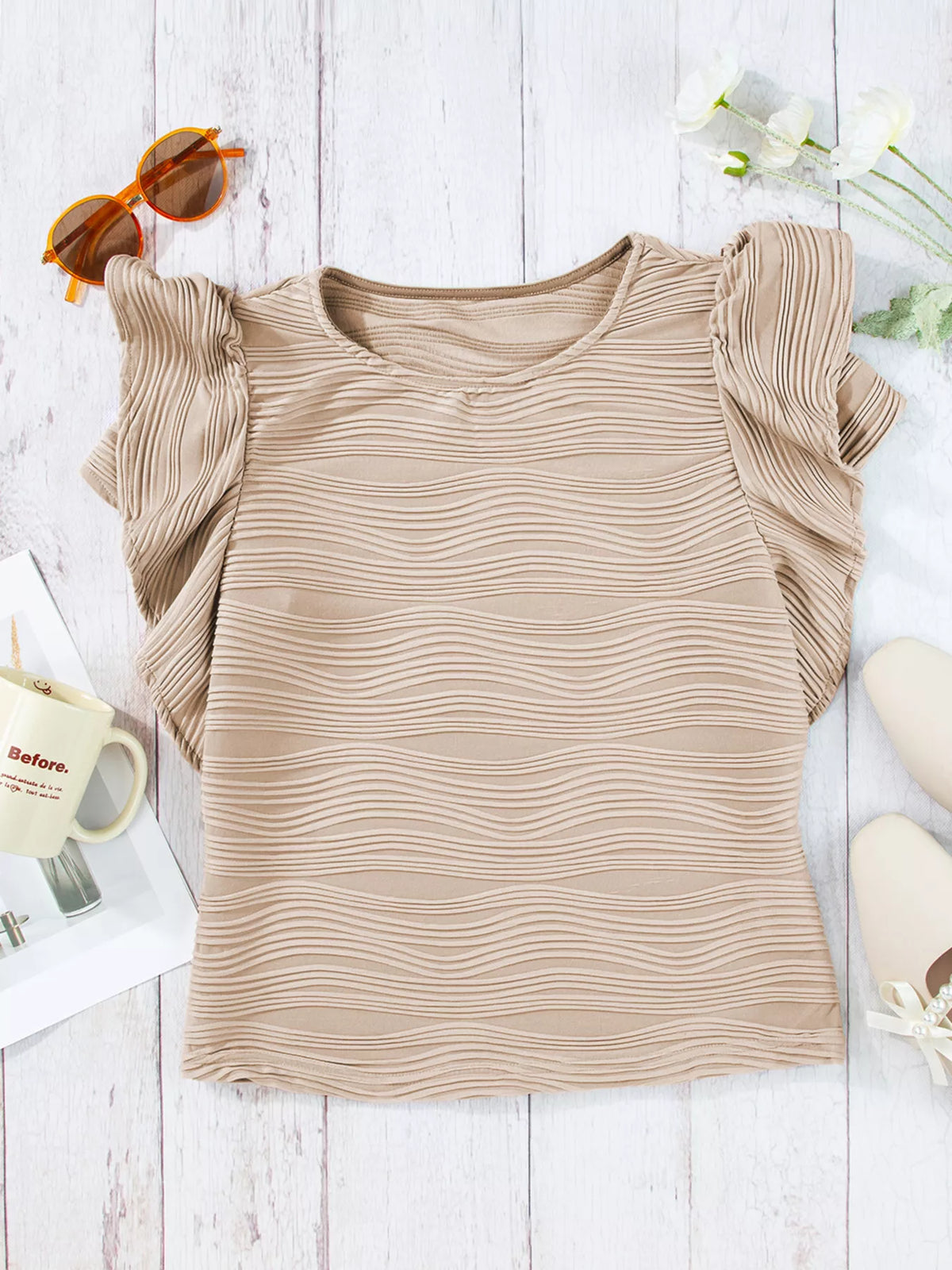 Casual Wavy Textured Ruffle Sleeve Top