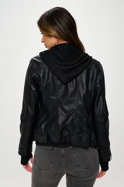 Black Double Zip Hooded Long Sleeve Jacket Modern & Functional Vegan Leather Outerwear