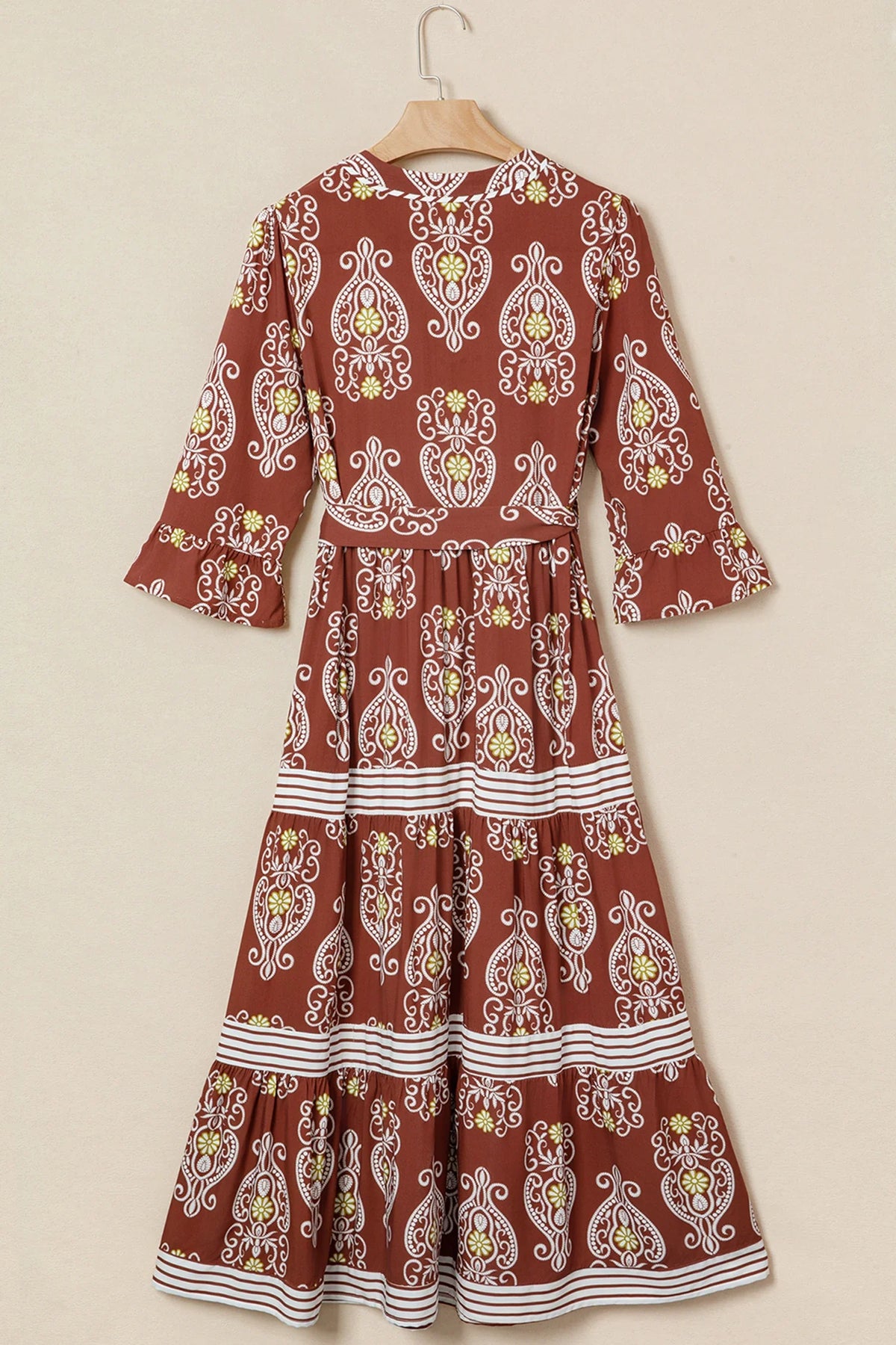 Floral Boho Belted Stripe Trim Tiered Maxi Dress