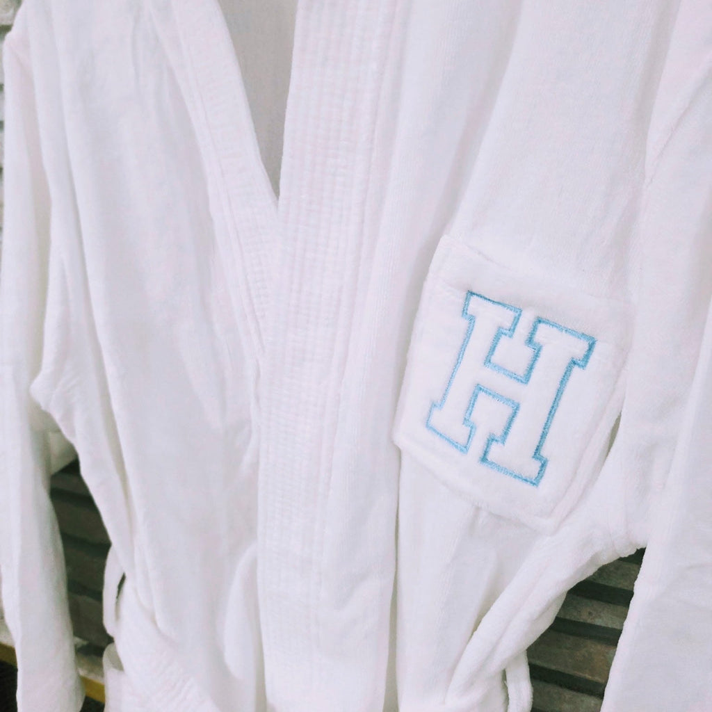 Embroidered Collegiate Letter White Velour Robe