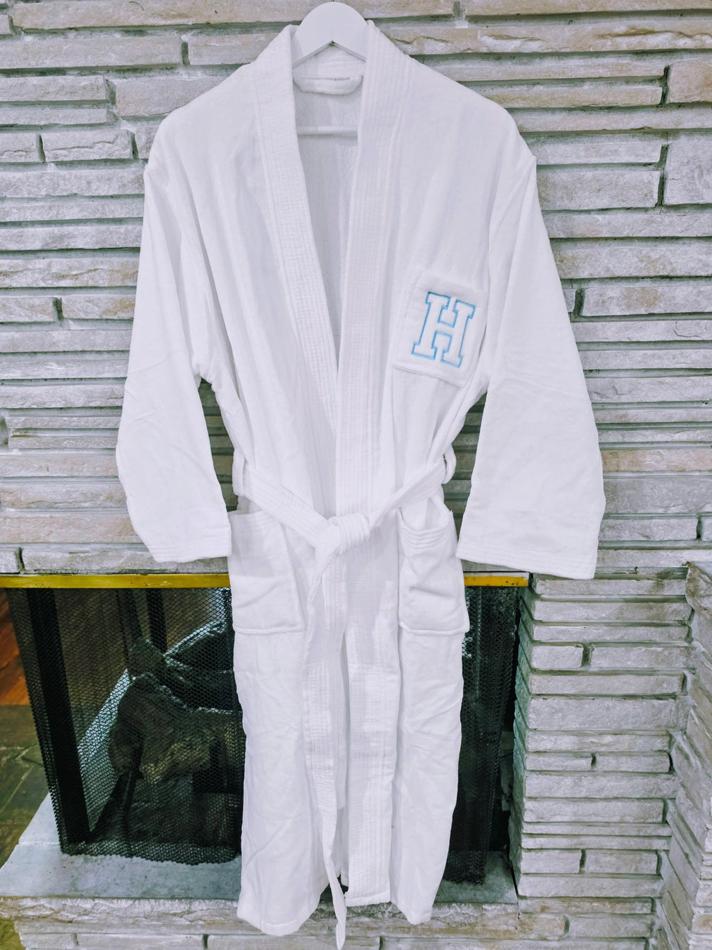 Embroidered Collegiate Letter White Velour Robe