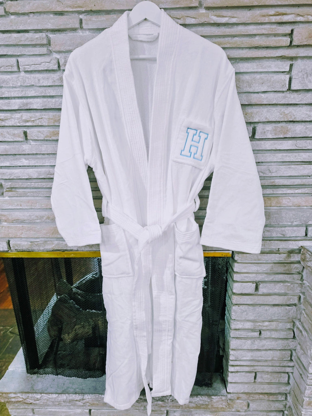 Embroidered Collegiate Letter White Velour Robe
