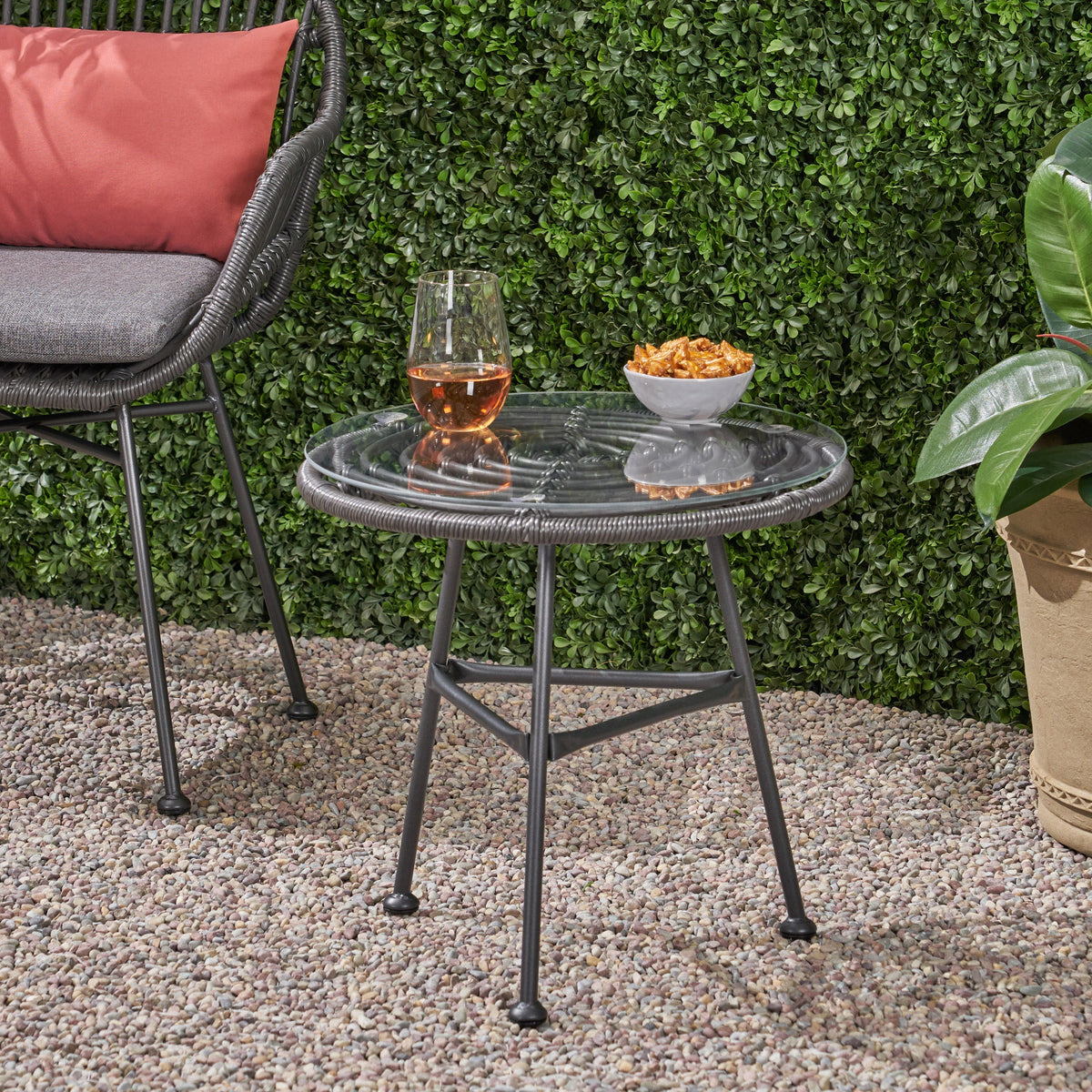 Orlando Outdoor Glass Top Faux Rattan Side Table