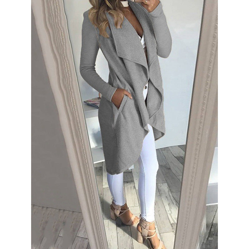 Women's Plus Size Solid Color Polo Collar Slim Fit Long Trench Coat