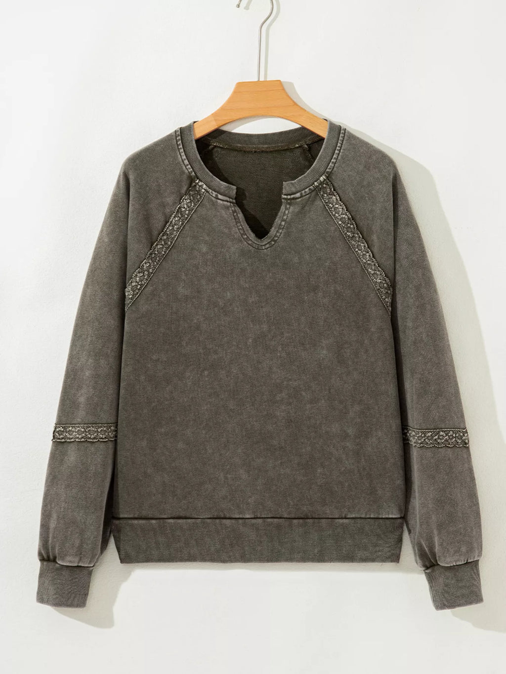 Lace Patchwork Detail Notched Mineral Wash Sweatshirt