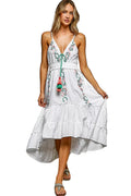 Embroidered Detail Tassel Tie Smocked Waist Midi Tiered Cami Dress