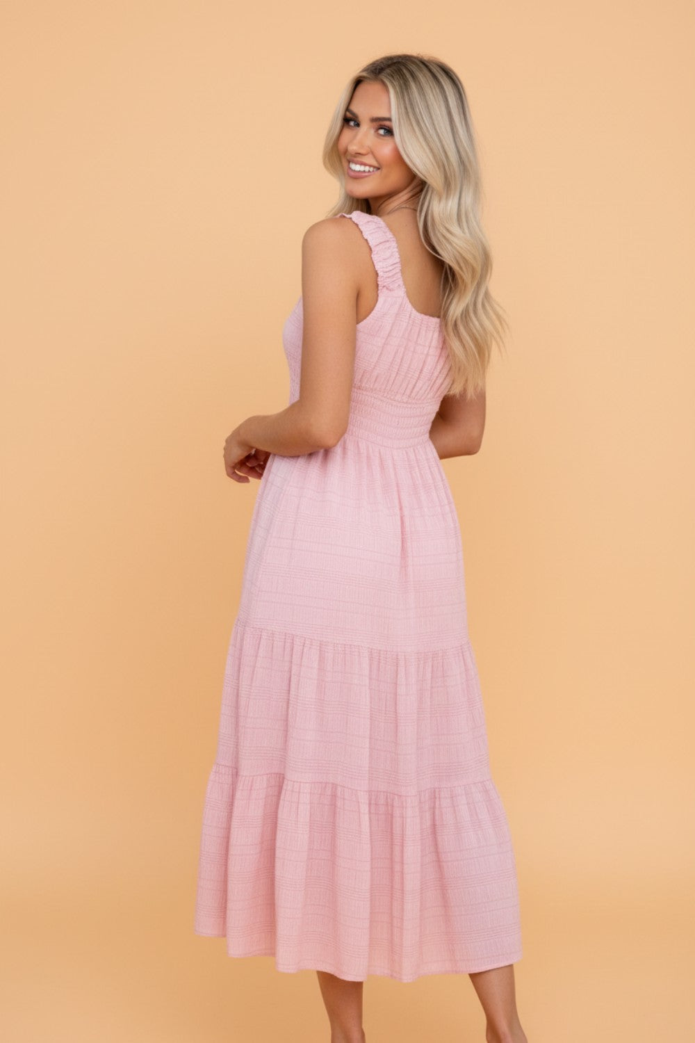 Shirred Pleated Square Neck Sleeveless Midi Dress