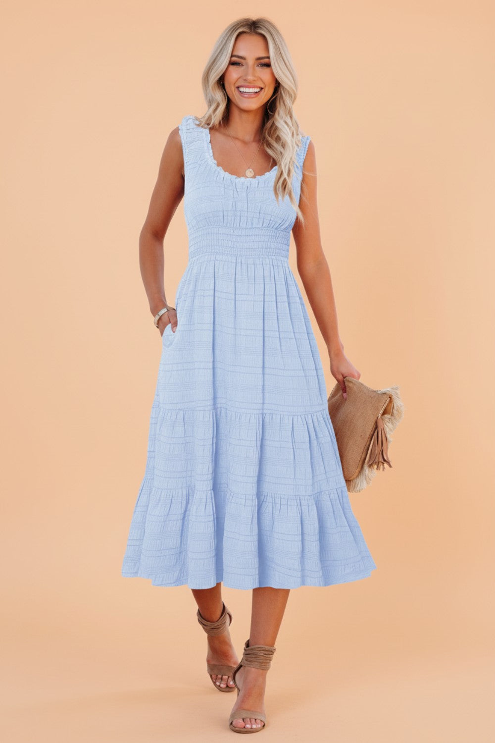Shirred Pleated Square Neck Sleeveless Midi Dress