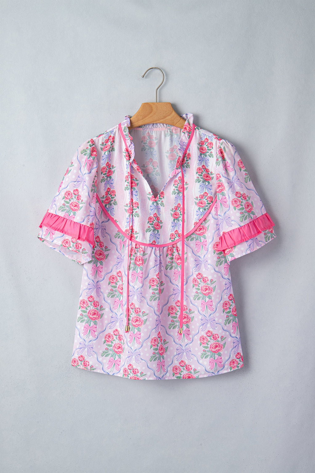 Floral Coquette Bow Ruffle Short Sleeve Blouse