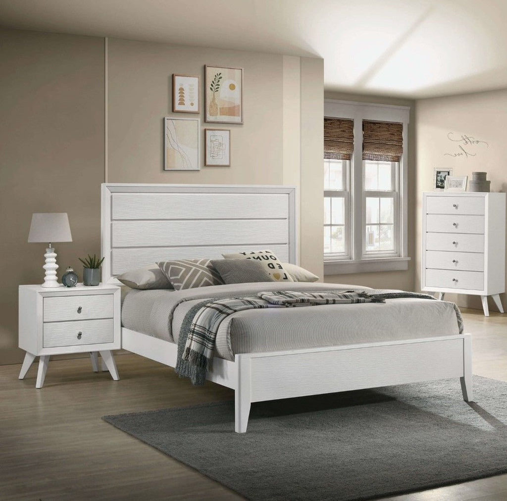 White Cal King Size Bed 2x Nightstands Wave Texture Panel HB