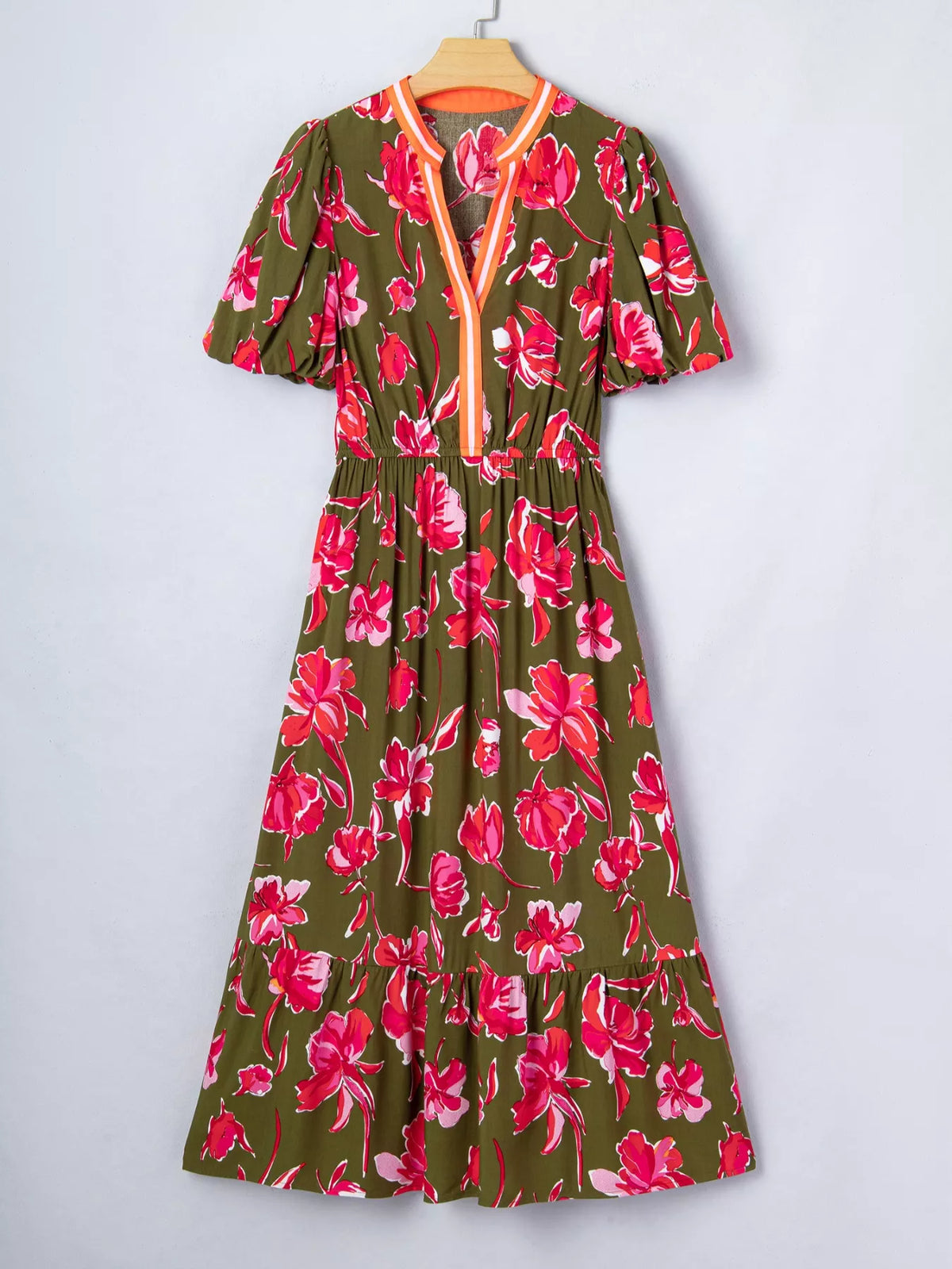 Floral Print Split Neck Short Puff Sleeve Ruffle Hem Dress
