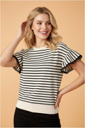 Stripe Scallop Lace Trim Ruffle Short Sleeve Top