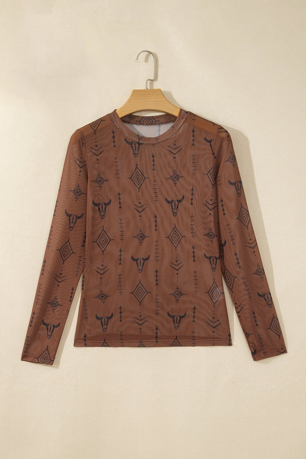 Chestnut Retro Western Print Mesh Long Sleeve Sheath Top