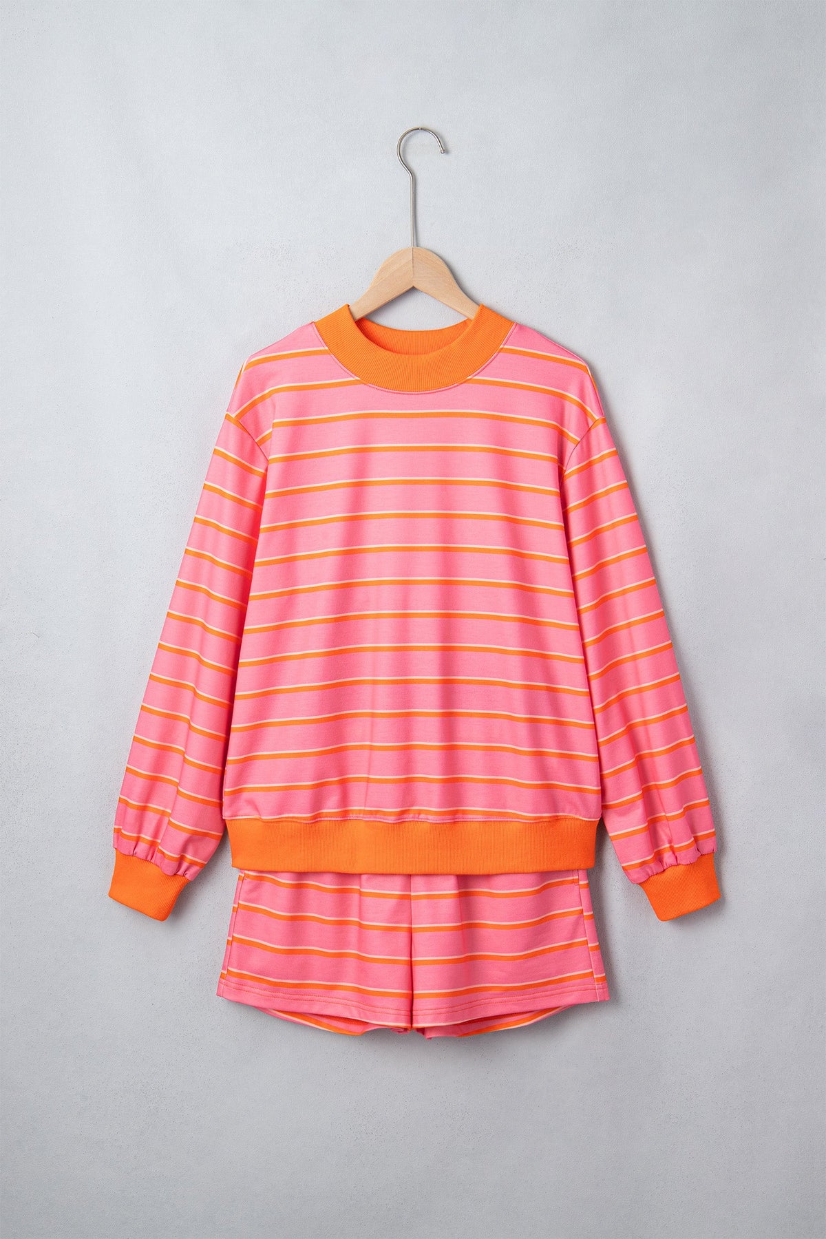 Rose Stripe Color Block Trim Long Sleeve Pullover Pocketed Shorts 2pcs Set
