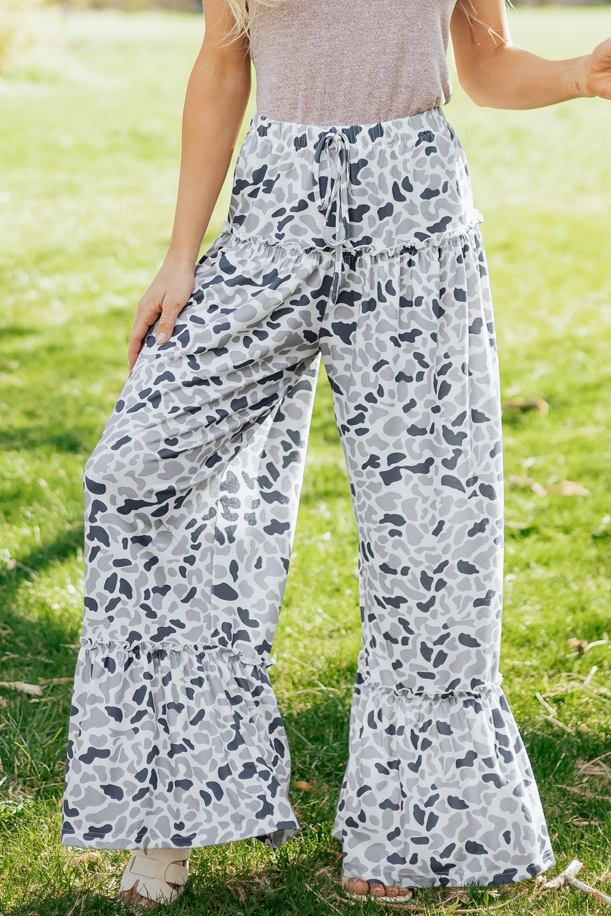 Beige Camo Print Wide Leg Casual Pants