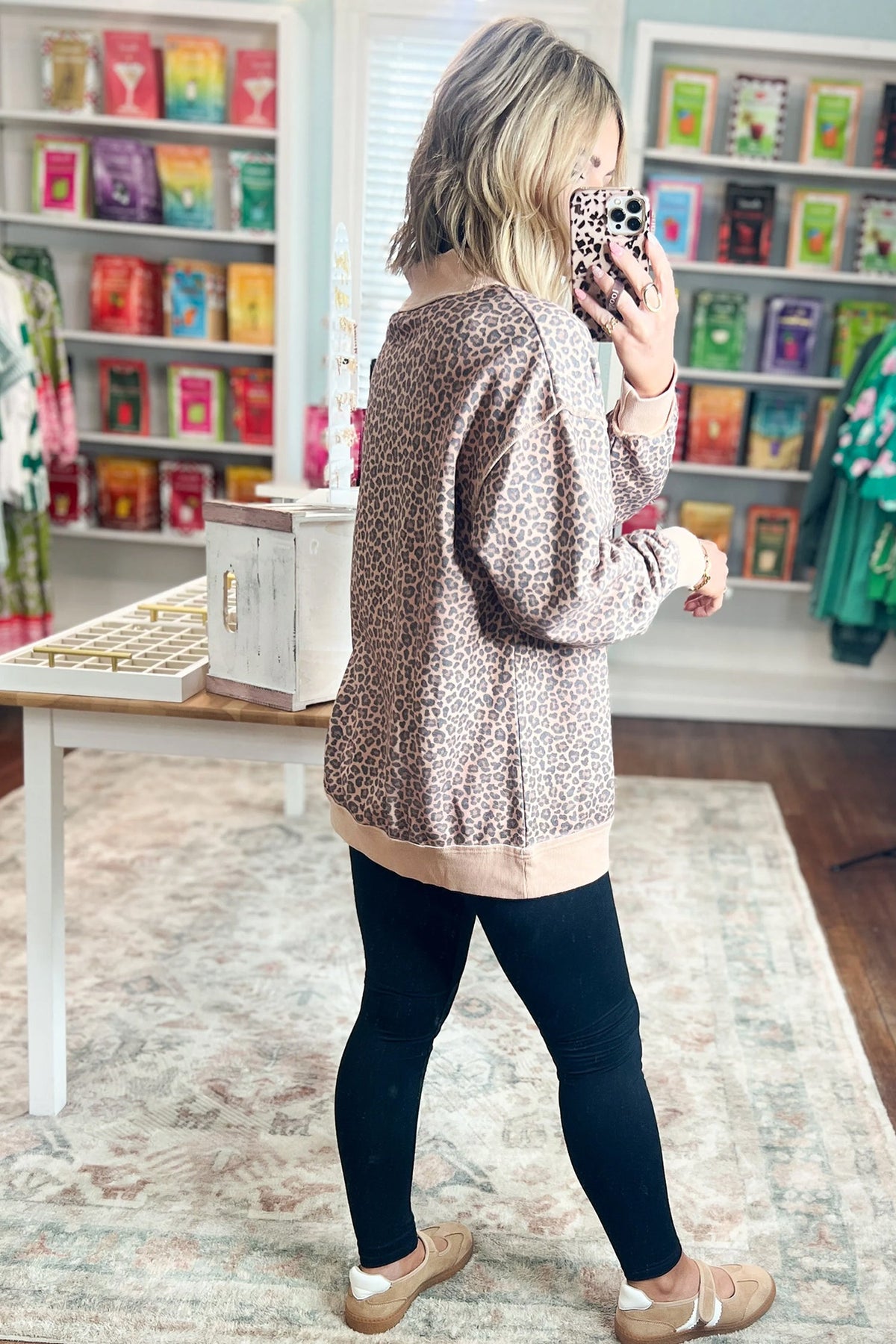 Multicolour Leopard Print High Neck Long Sleeve Ribbed Cuffs Hem Sweatshirt