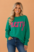 Merry Ribbed Trim Round Neck Long Sleeve Sweater