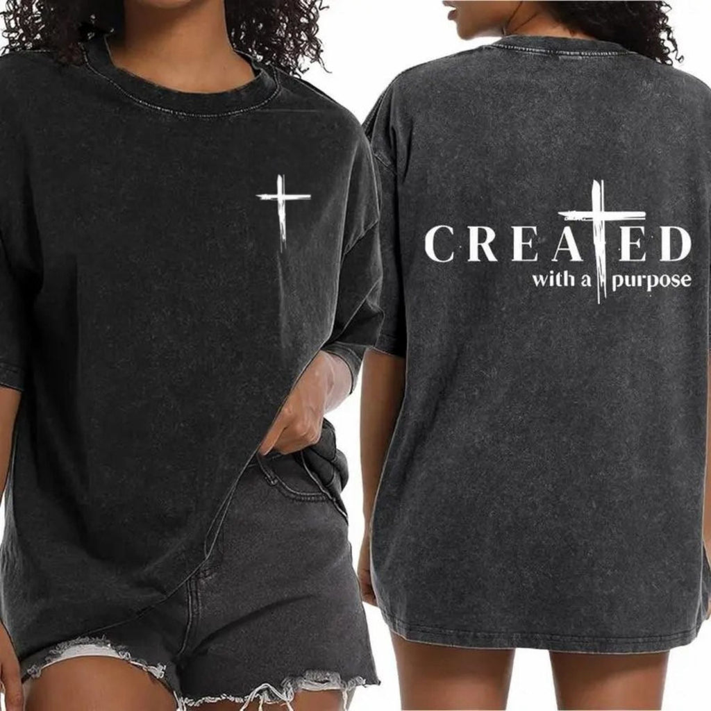 "Created with a Purpose" Washed T-Shirt – Christian Inspirational Tee, Vintage Comfort Top