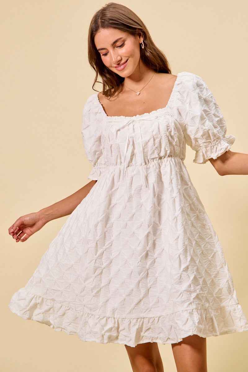 Ivory Texture Woven Ruching On Bust Mini Dress by So Me